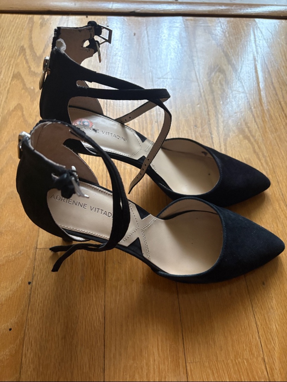 Adrienne Vittadini Black Suede Pointed-Toe Ankle-Strap Heels